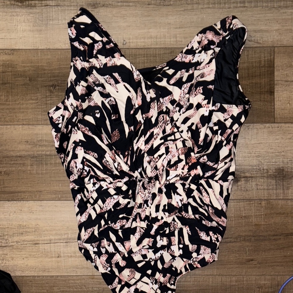 Avenue Black and Pink One Piece Swimsuit with Scoop Neckline